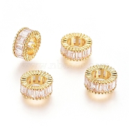 Brass Micro Pave Cubic Zirconia European Beads, Large Hole Beads, Long-Lasting Plated, Ring, Clear, Real 18K Gold Plated, 7x3mm, Hole: 4mm(X-ZIRC-G166-45G)