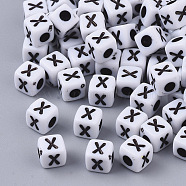 White Opaque Acrylic Beads, Horizontal Hole, Cube with Black Alphabet, Letter.X, 4~5x4~5x4~5mm, Hole: 1.8mm, about 6470~6500pcs/500g(MACR-R869-02X)