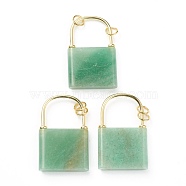 Natural Green Aventurine Pendants, with Golden Plated Brass Findings, Lock, 46.5~47x30x7mm, Hole: 6mm(G-B012-16G-06)