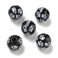 Printed Wood European Beads, Round with Paw Print Pattern, Black, 15.5~16mm, Hole: 4~4.5mm(WOOD-G022-09D)