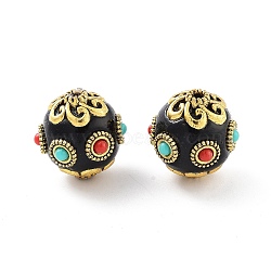 Handmade Indonesia Beads, with Alloy and Resin, Round, Antique Golden, Black, 17mm, Hole: 2mm(FIND-Q106-19)