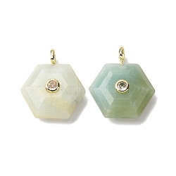 Natural Flower Amazonite Pendants, Faceted Hexagon Charms with Brass Micro Pave Clear Cubic Zirconia Findings, Golden, 21~22x19~20x6.5~7.5mm, Hole: 3.5x2.5mm(G-P588-02G-10)