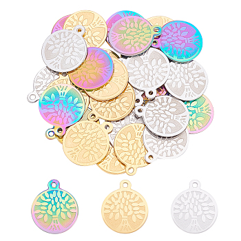 PVD Vacuum Plating 304 Stainless Steel Charms, Laser Cut, Flat Round with Tree of Life, Mixed Color, 13.5x11.5x0.5mm, Hole: 1mm, 30pcs/box