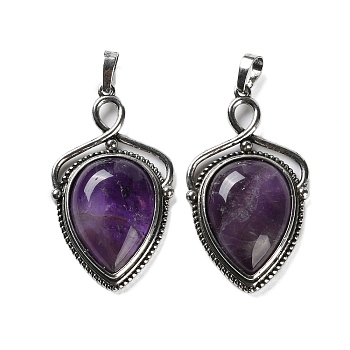 Natural Amethyst Pendants, Brass Shield Charms, Antique Silver, Lead Free & Cadmium Free, 45.5x26.5x7mm, Hole: 7x5mm