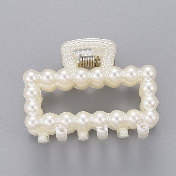 Plastic Claw Hair Clips, with ABS Plastic Imitation Pearl Beads and Iron Findings, Rectangle, White, 28.5x39.5x26mm