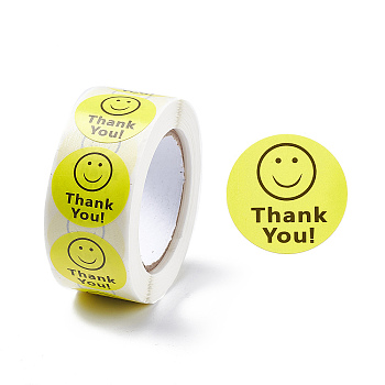 Paper Thank You Gift Sticker Rolls, Round Dot Decals, for DIY Scrapbooking, Craft, Smiling Face/Flower/Heart PatternPattern, Yellow, 25mm, 500pcs/roll
