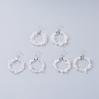 Natural Quartz Crystal Dangle Earrings, with Platinum Plated Brass Earring Hooks, Round Ring, 51.2~56.2mm, Pin: 0.5mm