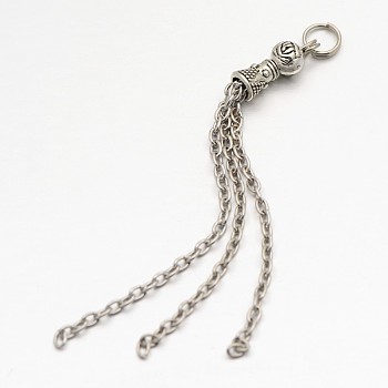 Brass Tassel Pendant Decorations, Cross Chains, with Tibetan Style Round Beads and Caps, Antique Silver & Platinum, 85x6mm, Hole: 5mm