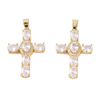 Brass Micro Pave Clear Cubic Zirconia Pendants, Long-Lasting Plated, Cross, Real 18K Gold Plated, 35x23x6mm, Hole: 4.5x3.5mm