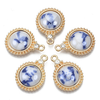 Porcelain Pendants, with Light Gold Plated Brass Findings and Crystal Rhinestone, Half Round, Royal Blue, 23x17x5mm, Hole: 1.8mm