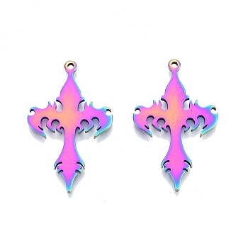 Ion Plating(IP) 201 Stainless Steel Pendants, Cross, Rainbow Color, 34.5x21x1.5mm, Hole: 1.4mm