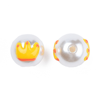 ABS Plastic Imitation Pearl Beads, with Enamel, Round with Crown, Gold, 13x12x11.5mm, Hole: 2mm