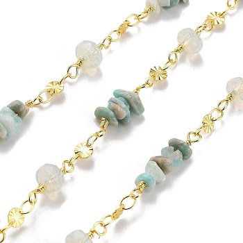 Flower Amazonite & Glass Link Chains, with Brass Chains, Long-Lasting Plated, Lead Free & Cadmium Free, Real 18K Gold Plated, Rack Plating, Soldered, with Spool, 13~14x6~6.5mm