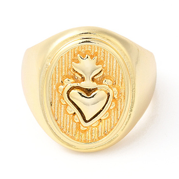Rack Plating Brass Oval with Heart Open Cuff Rings, Lead Free & Cadmium Free, Real 18K Gold Plated, Inner Diameter: 18mm