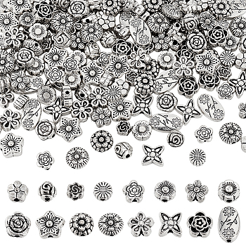 160Pcs 16 Styles Tibetan Style Alloy Beads, Flower, Antique Silver, 4.5~10x4.5~8x1~4mm, Hole: 1~1.4mm, 10pcs/style