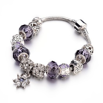 Fashion Brass European Bracelets, with Glass Beads and Alloy Rhinestone Beads, Lilac, 190x3mm