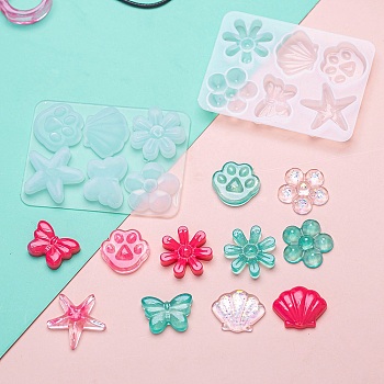 Flower & Shell & Starfish & Paw Print & Butterfly Silicone Molds, Resin Casting Molds, Clay Craft Mold Tools, White, 67x50x6mm, Inner Diameter: 15~22x16~23mm