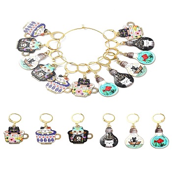 Cat Alloy Enamel Pendant Locking Stitch Markers, with 304 Stainless Steel Leverback Earring Findings, Mixed Color, 4~4.4cm, 12pcs/set