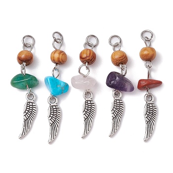 Gemstone Chip Pendants, Antique Silver Plated Alloy Wing Charms with Natural Wood Beads, Mixed Dyed and Undyed, 38~39x7.5~11x6.5~7mm, Hole: 3.4mm