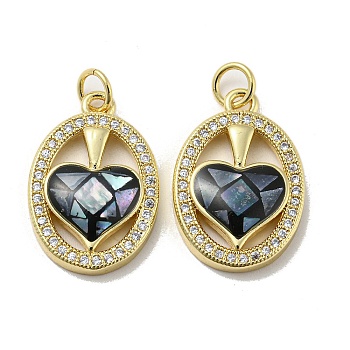 Brass Micro Pave Cubic Zirconia Pendants, with Enamel Shell, Oval with Heart, Black, 21x14x4mm