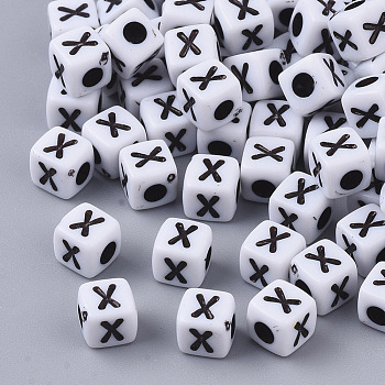 White Opaque Acrylic Beads, Horizontal Hole, Cube with Black Alphabet, Letter.X, 4~5x4~5x4~5mm, Hole: 1.8mm, about 6470~6500pcs/500g