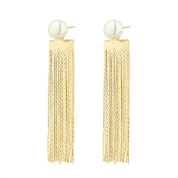 Brass Dangle Stud Earrings, Tassel Earrings, with Imitation Pearl Beads, Golden, Pendants: 65x14.5mm