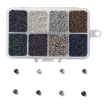 200G 8 Colors 12/0 Grade A Round Glass Seed Beads, Metallic Colours, Mixed Color, 2x1.5mm, Hole: 0.3mm, 25g/color, about 13300pcs/box