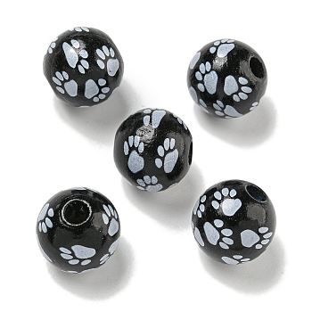 Printed Wood European Beads, Round with Paw Print Pattern, Black, 15.5~16mm, Hole: 4~4.5mm