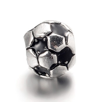Large Hole FootBall/Soccer Ball Alloy Enamel European Beads, Sports Beads, Antique Silver, Black, 9x8mm, Hole: 4.2mm