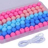80Pcs 4 Style Round Silicone Focal Beads, Chewing Beads For Teethers, DIY Nursing Necklaces Making, with 2M Core Spun Elastic Cord, Mixed Color, 15mm, Hole: 2mm, 20pcs/style(SIL-SZ0001-22I)