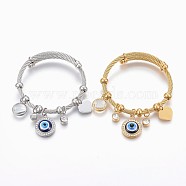 Adjustable 304 Stainless Steel Charm Bangles, with Resin, Glass and Rhinestone, Eye, Heart, Flat Round, Mixed Color, 2-1/4 inch(5.6cm), 4~12mm(BJEW-F326-02)