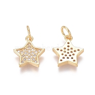 Brass Micro Pave Clear Cubic Zirconia Charms, with Jump Rings, Star, Golden, 12x10x2mm, Jump Ring: 5x0.7mm, Inner Diameter: 3.6mm(ZIRC-I036-03G)