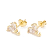 Rack Plating Brass Cubic Zirconia Stud Earrings Findings, Real 18K Gold Plated, with Loop, Cadmium Free & Lead Free, Heart, Clear, 9x8.5mm, Hole: 1.5mm, Pin: 1mm(MAK-I684-10G-03-RS)