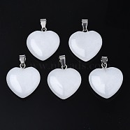 Heart Natural White Jade Pendants, with Platinum Tone Brass Findings, 20~22x20~21x5~8mm, Hole: 2x7mm(G-Q438-01)