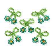 Glass Beaded Pendants, with Copper Wire, Bowknot with Flower Charms, Teal, 25~27x25~28x5~5.5mm, Hole: 5.5x7.5mm(GLAA-C028-08F)