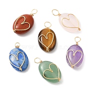 6Pcs Natural Mixed Gemstone Copper Wire Wrapped Pendants, Oval Charms with Heart, Light Gold, 20x9.5~10x5~6mm, Hole: 2.5~3mm(PALLOY-JF02139)