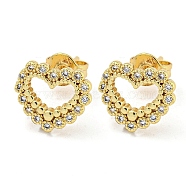 Hollow Heart Real 18K Gold Plated Brass Stud Earrings, with Cubic Zirconia, Clear, 9x10.5mm(EJEW-L269-091G)