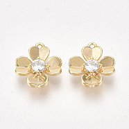 Brass Cubic Zirconia Charms, Flower, Clear, Nickel Free, Real 18K Gold Plated, 11x10x2.5mm, Hole: 0.8mm(X-KK-S350-289)