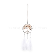 Woven Web/Net with Feather Pendant Decorations, Iron Wire Wrapped Mixed Stone Tree of Life Dangle Decorations, White, 455mm(HJEW-I013-02)