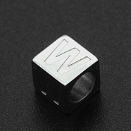 201 Stainless Steel European Beads, Large Hole Beads, Horizontal Hole, Cube, Stainless Steel Color, Letter.W, 7x7x7mm, Hole: 5mm(STAS-N090-LA062-W)