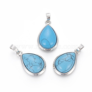 Synthetic Turquoise Pendants, with Brass Findings, teardrop, Platinum, 26x16~17x8~10mm, Hole: 8x5mm(G-L512-C02)