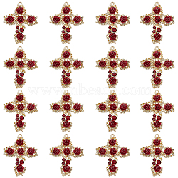 16Pcs Rack Plating Alloy Pendants, with ABS Plastic and Rhinestone, Cadmium Free & Lead Free, Cross with Dark Red Rose Flower, Light Gold, 37x29x4.5mm, Hole: 1.6mm(FIND-DC0001-99)