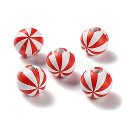 Printed Wood European Beads, Round with Stripe Pattern, Red, 20x18mm, Hole: 4mm(WOOD-Z002-13E)