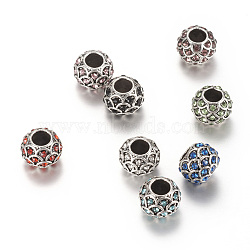 Alloy Rhinestone European Beads, Large Hole Beads, Rondelle, Antique Silver, Mixed Color, 10~11x8.5mm, Hole: 4.5mm(X-MPDL-S047-M)