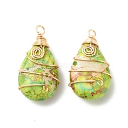 Natural Imperial Jasper Pendants, with Eco-Friendly Copper Wire Wrapped, Dyed, Teardrop, Golden, 37.5~38.5x20.5~21x11.5mm, Hole: 3.7mm(PALLOY-JF01664-01)