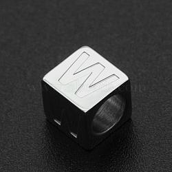 201 Stainless Steel European Beads, Large Hole Beads, Horizontal Hole, Cube, Stainless Steel Color, Letter.W, 7x7x7mm, Hole: 5mm(STAS-N090-LA062-W)