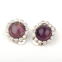 Trendy Brass Gemstone Clip-on Earrings, with Brass Rhinestone and Brass Cilp-on Earring Components, Platinum, Amethyst, 19x14mm(EJEW-JE01240-02)