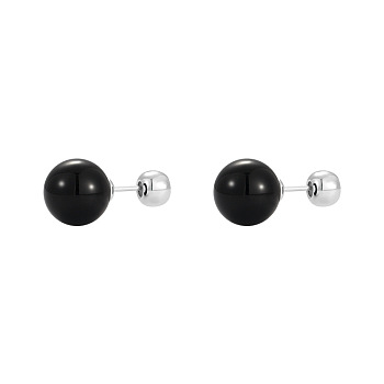 Natural Black Onyx Round Ball Stud Earrings with Sterling Silver Pins for Women, 12mm