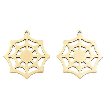 Ion Plating(IP) 201 Stainless Steel Pendants, Halloween Style, Spider Web, Real 18K Gold Plated, 28x25.5x1mm, Hole: 1.4mm