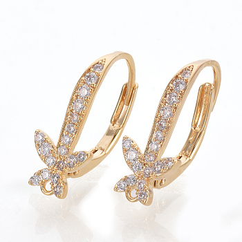 Brass Cubic Zirconia Leverback Earring Findings, with Loop, Real 18K Gold Plated, 18.5x11x7.5mm, Hole: 1mm, pin: 0.7mm
